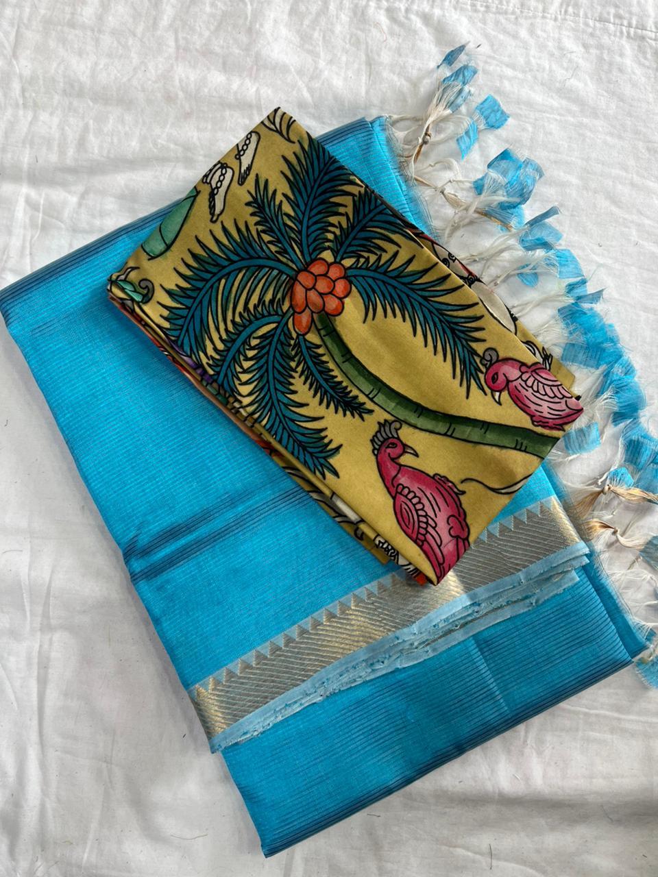 Peach Handloom Mangalagiri Pattu  with a Pen Kalamkari Blouse  Cotton Saree